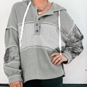 B292 Gray Waffle Patchwork Drawstring Hooded Long Sleeve Top